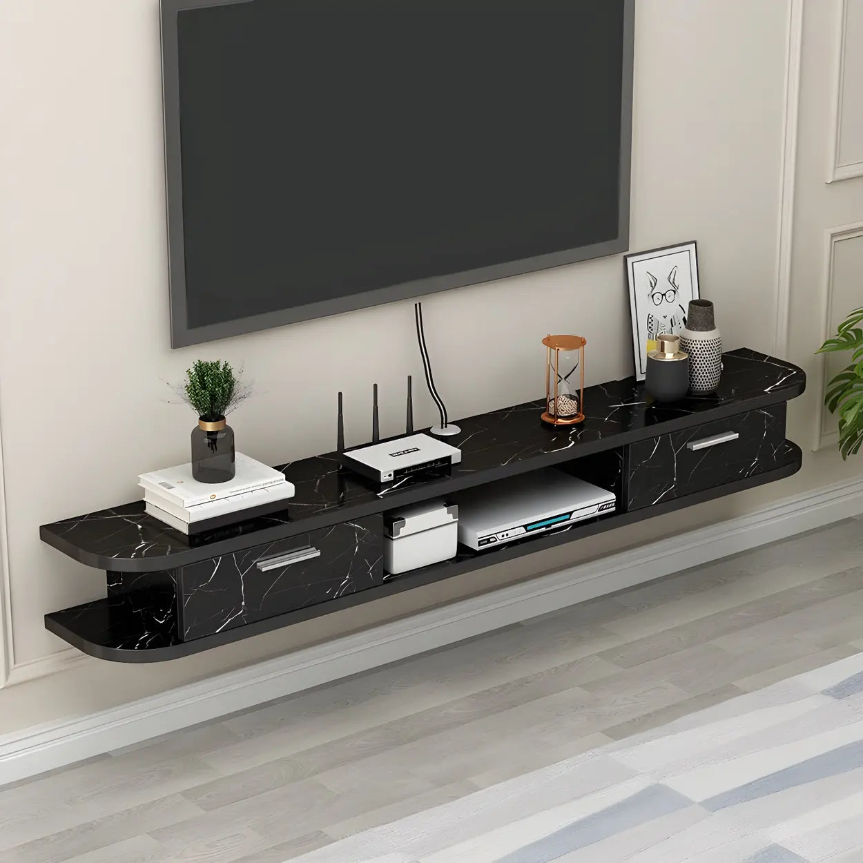 Black Floating Open-Storage Wood TV Stand