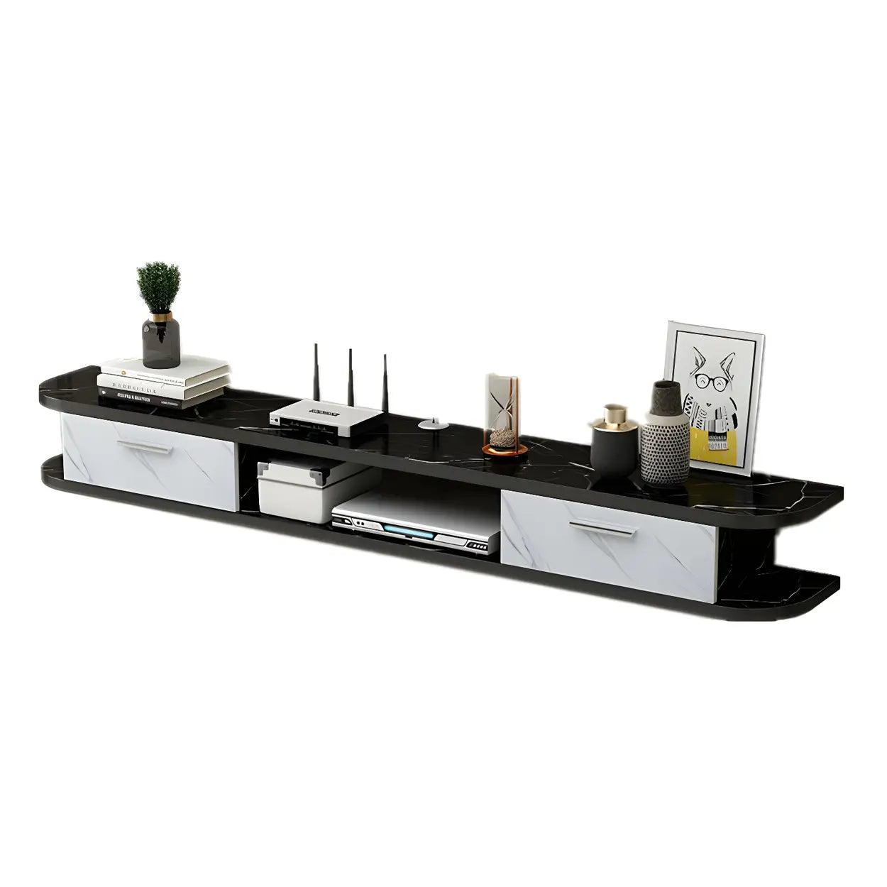 Black Floating Open-Storage Wood TV Stand — Black and White