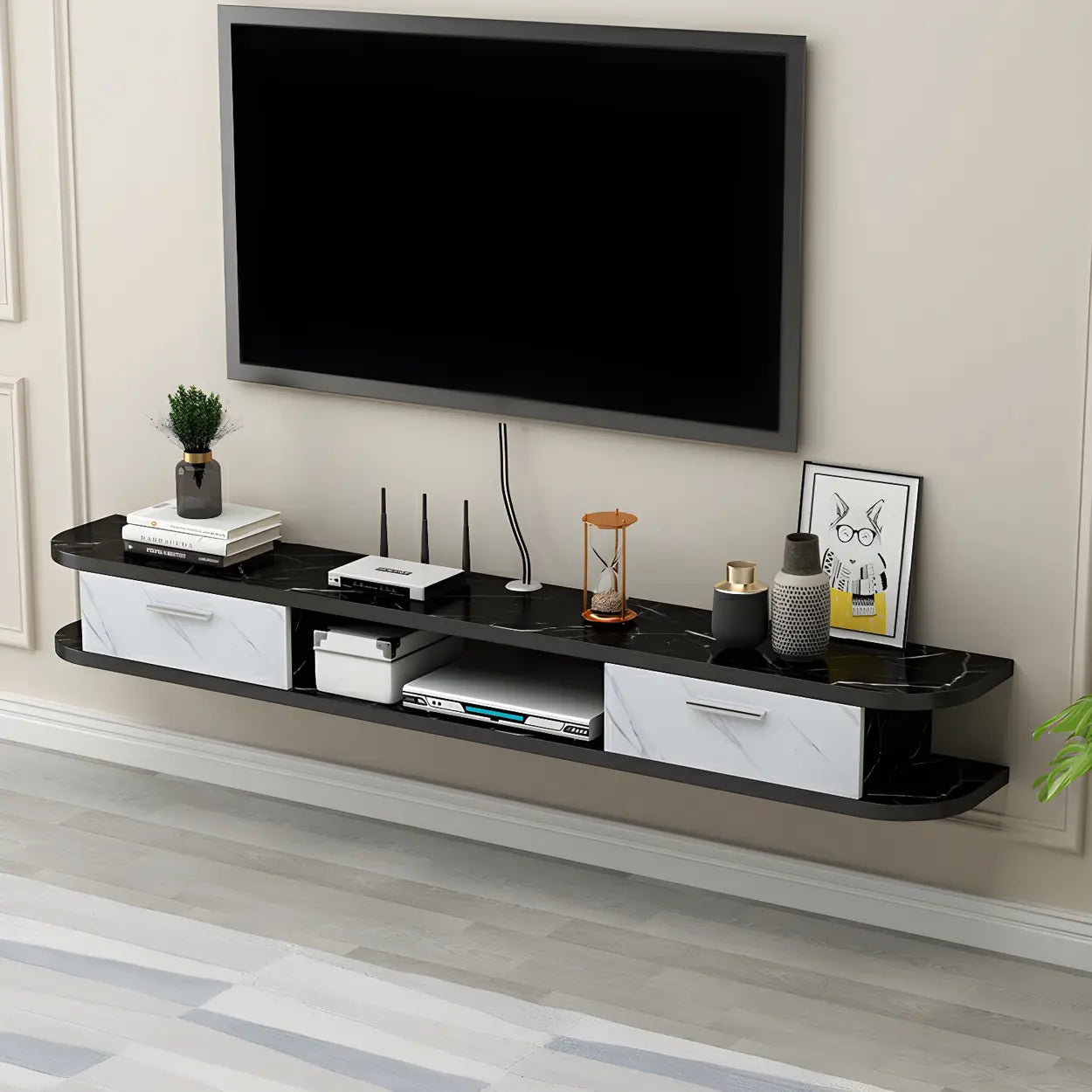 Black Floating Open-Storage Wood TV Stand — Natural/ White