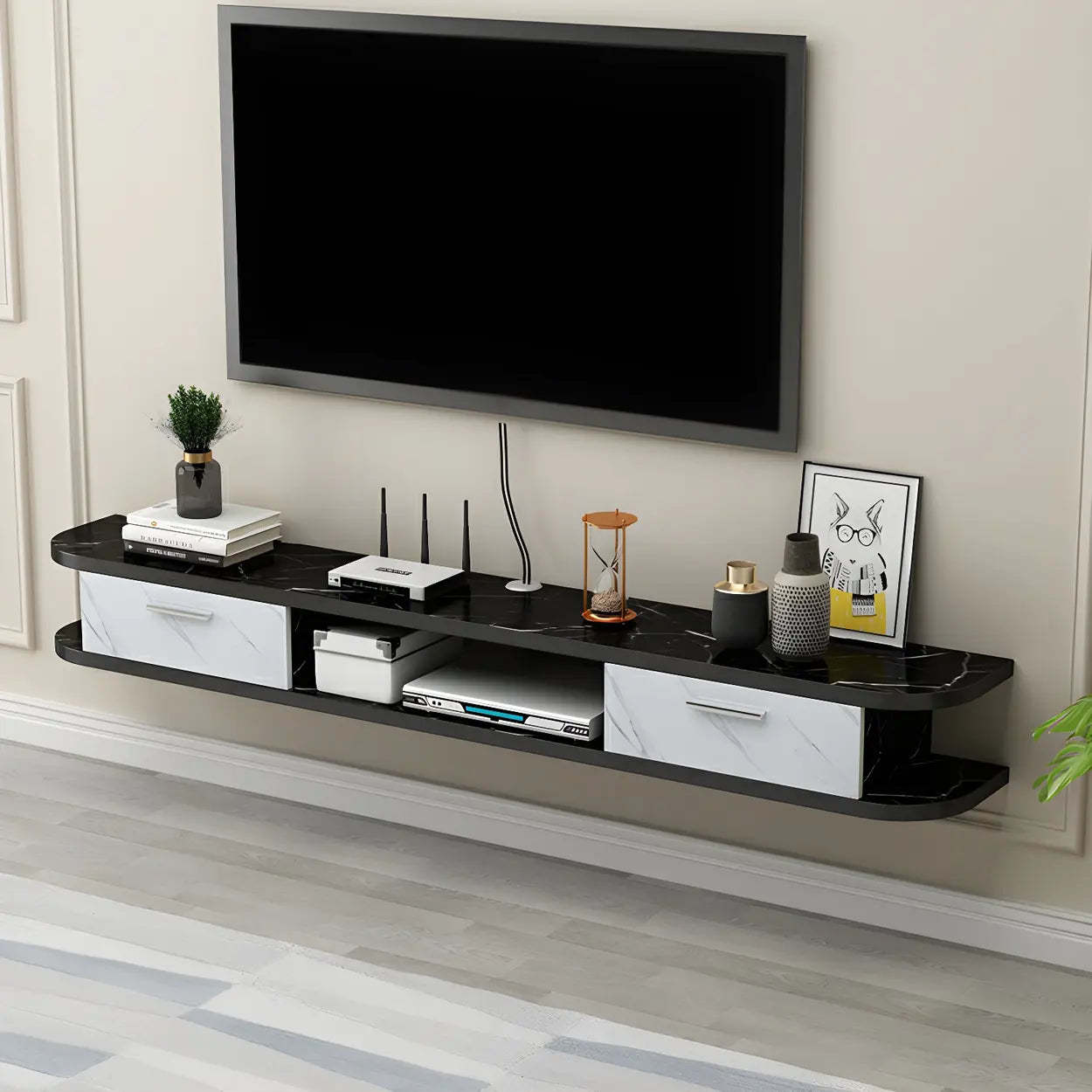 Black Floating Open-Storage Wood TV Stand — Natural/ White