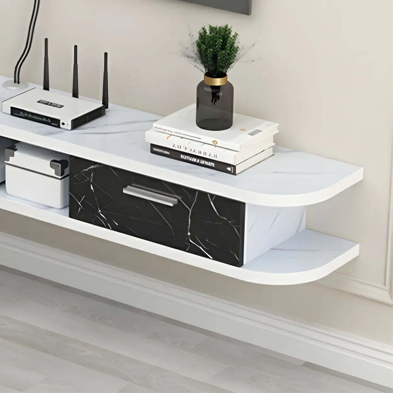 Black Floating Open-Storage Wood TV Stand — Gray-White