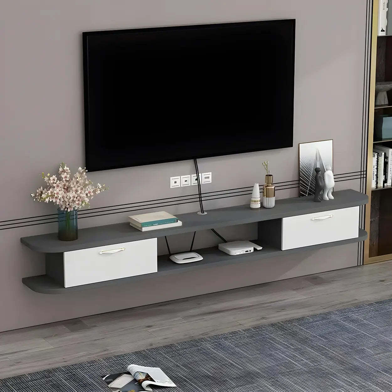 Black Floating Open-Storage Wood TV Stand — Grey