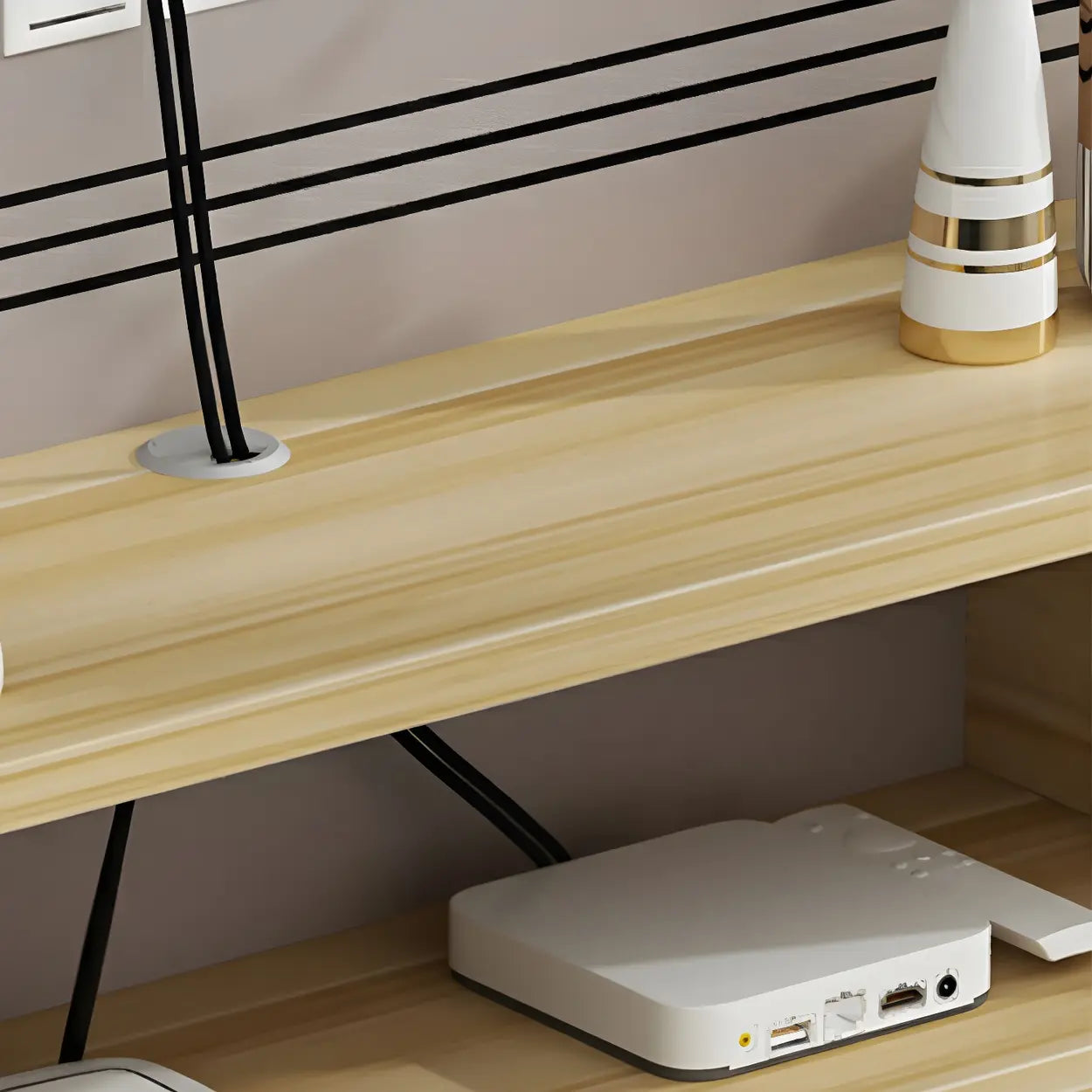 Black Floating Open-Storage Wood TV Stand — Black and White
