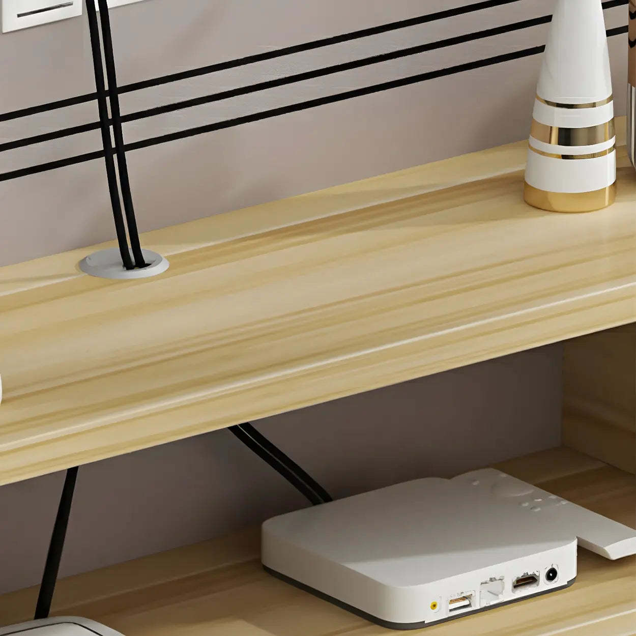 Black Floating Open-Storage Wood TV Stand — Black and White