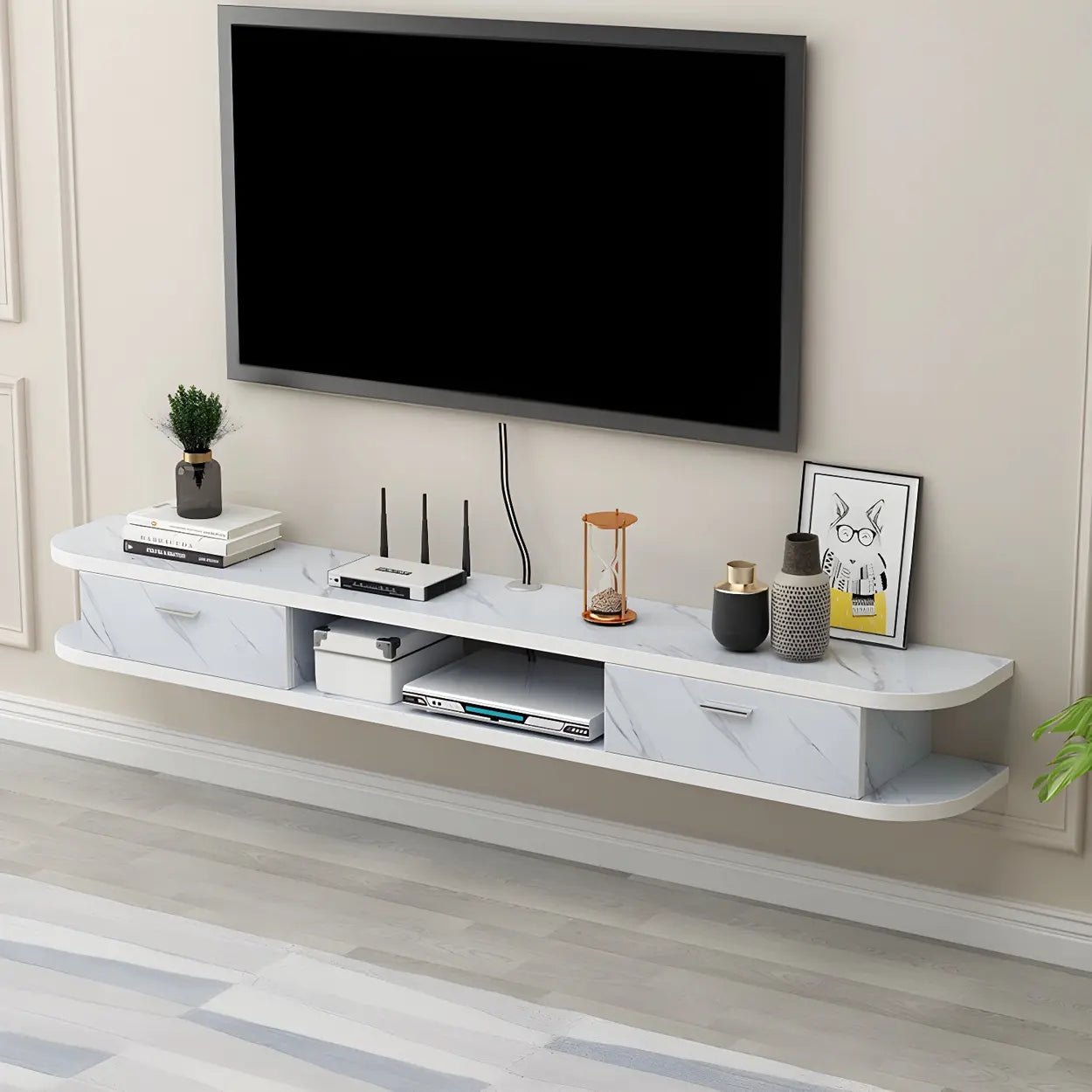 Black Floating Open-Storage Wood TV Stand — Black and White