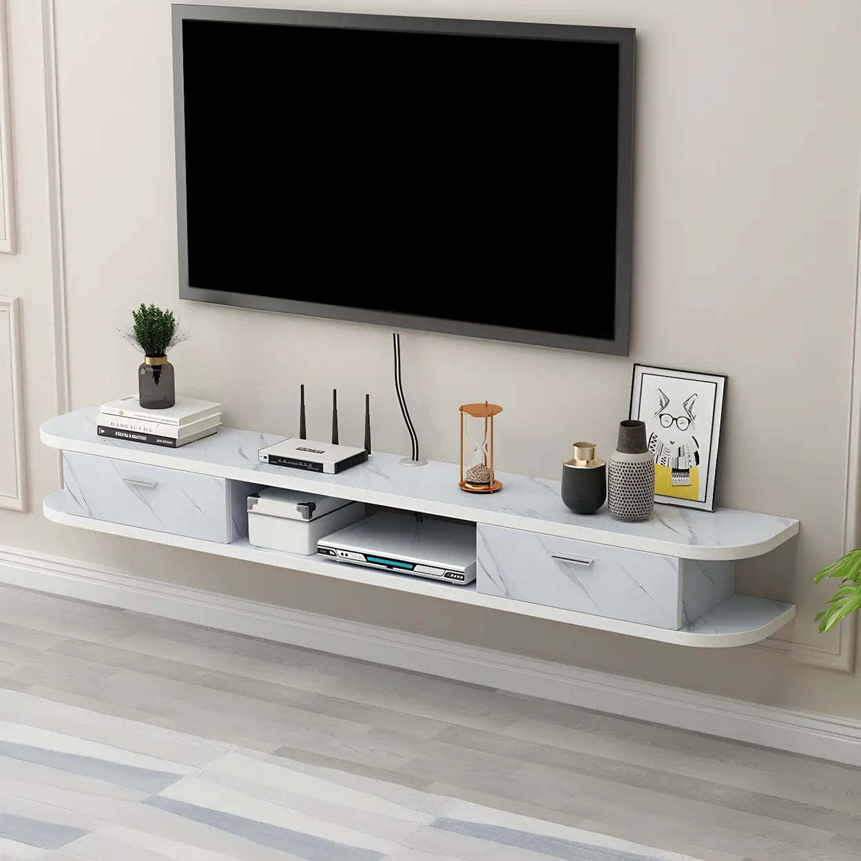 Black Floating Open-Storage Wood TV Stand — Black and White