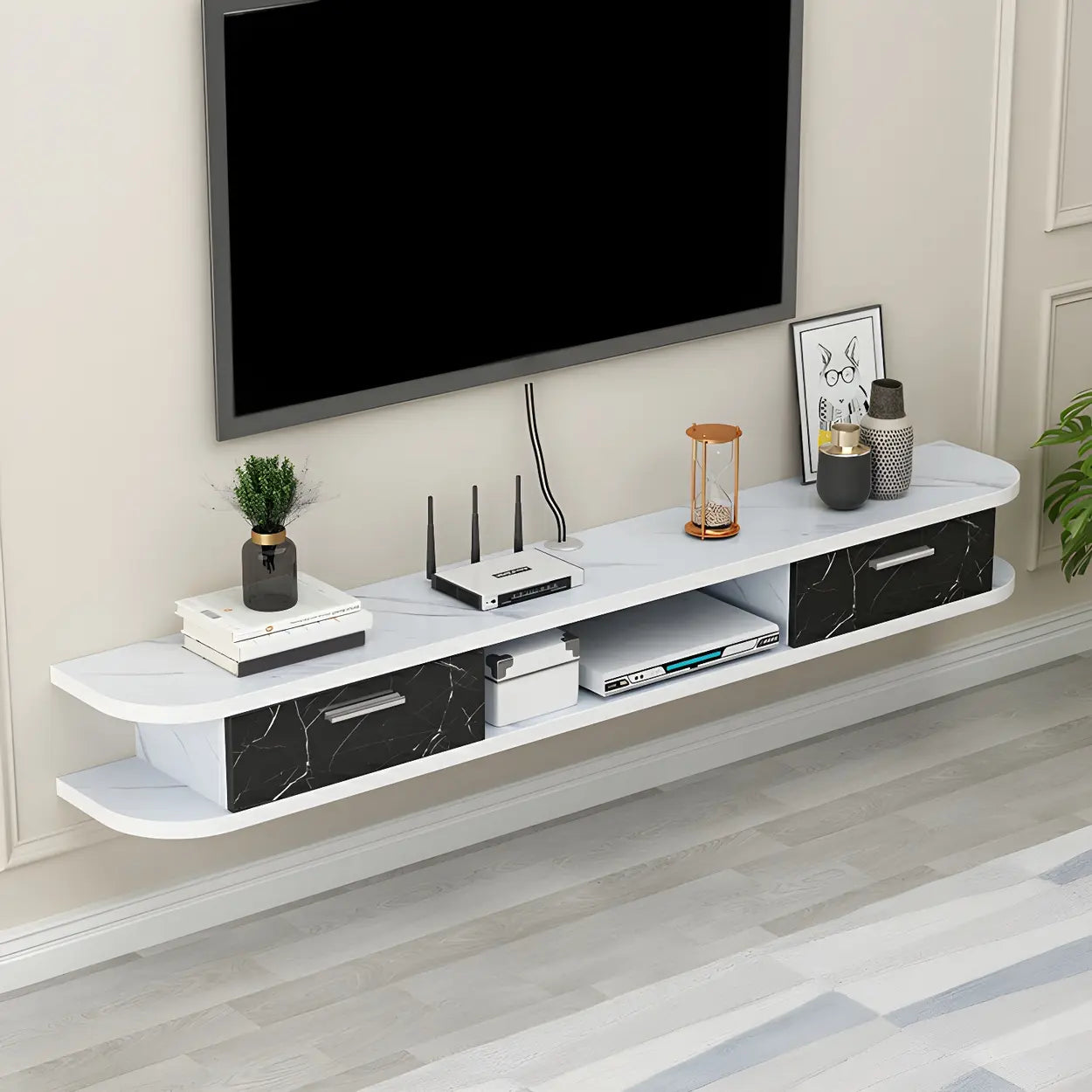 Black Floating Open-Storage Wood TV Stand — White