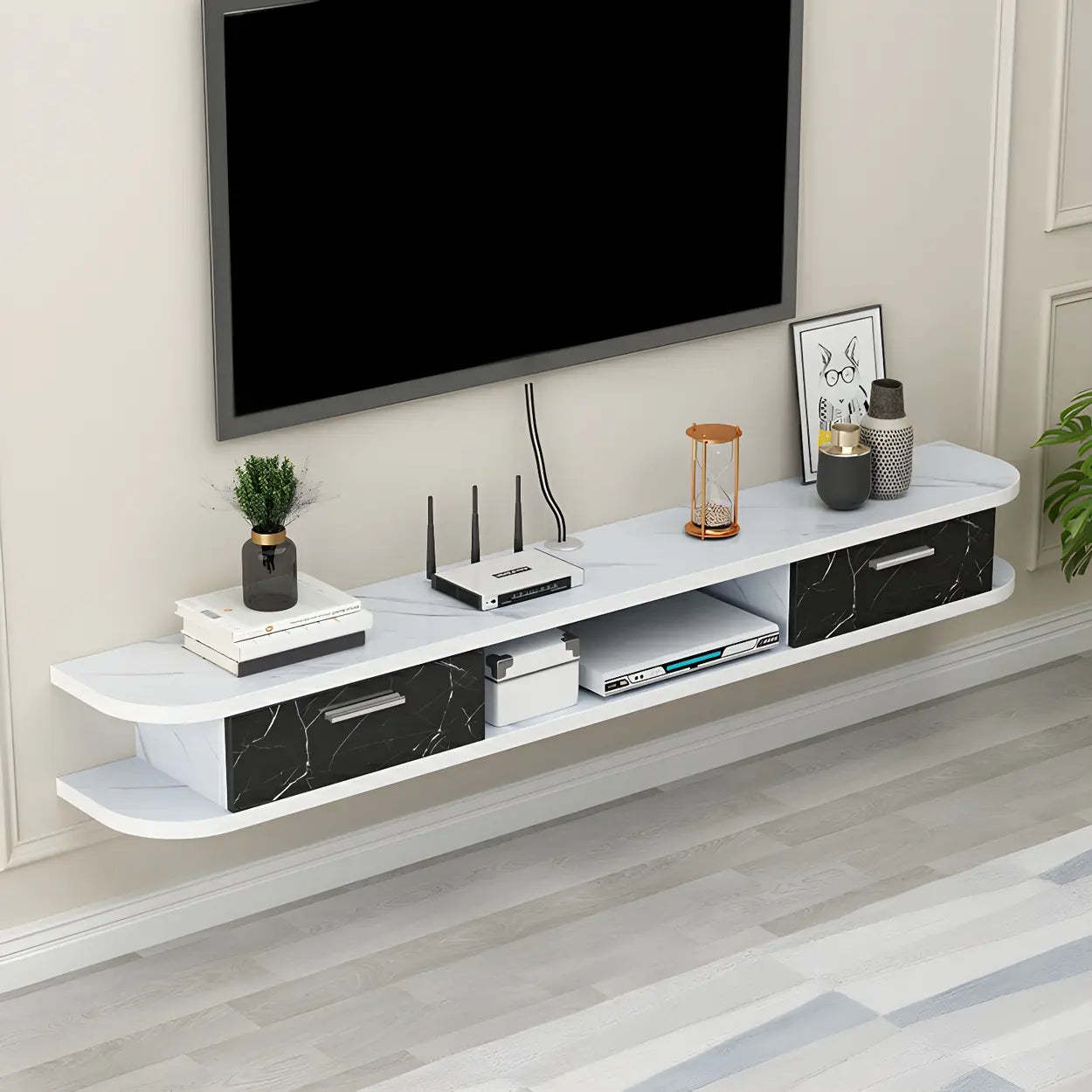 Black Floating Open-Storage Wood TV Stand — White