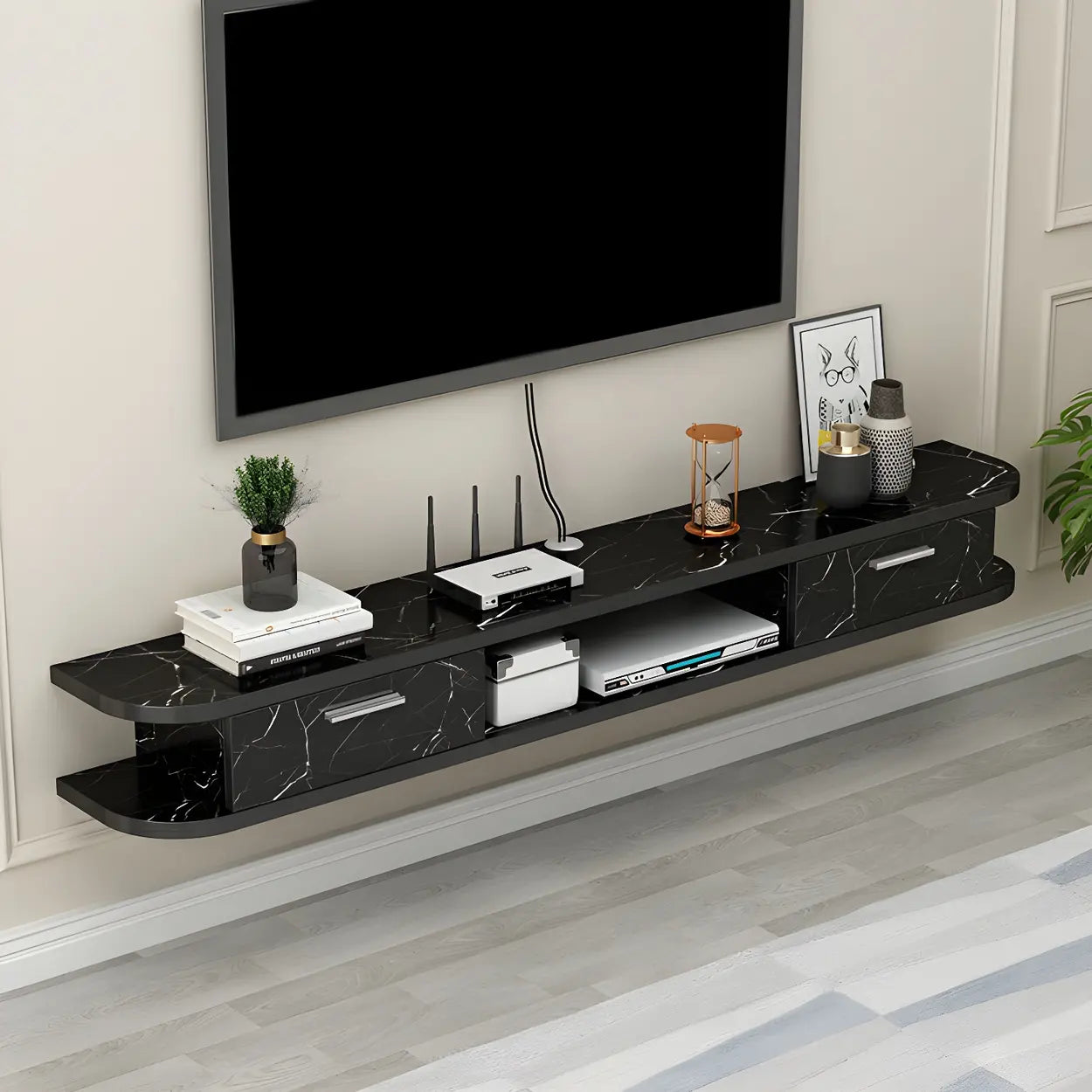 Black Floating Open-Storage Wood TV Stand — Off-White