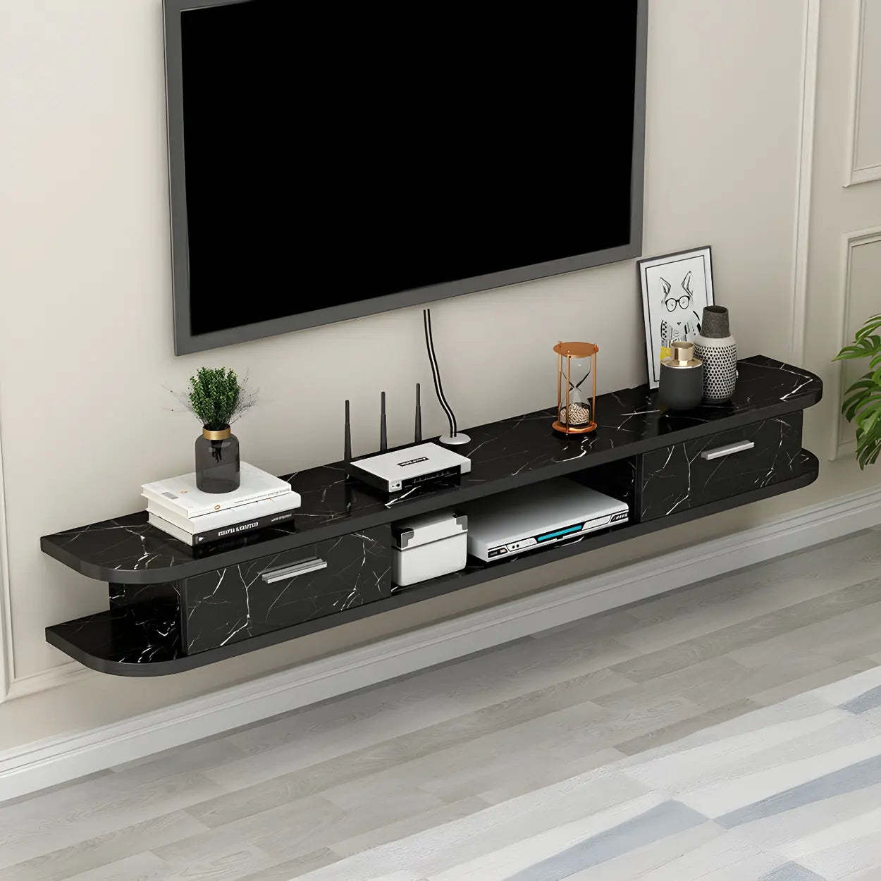 Black Floating Open-Storage Wood TV Stand — Off-White