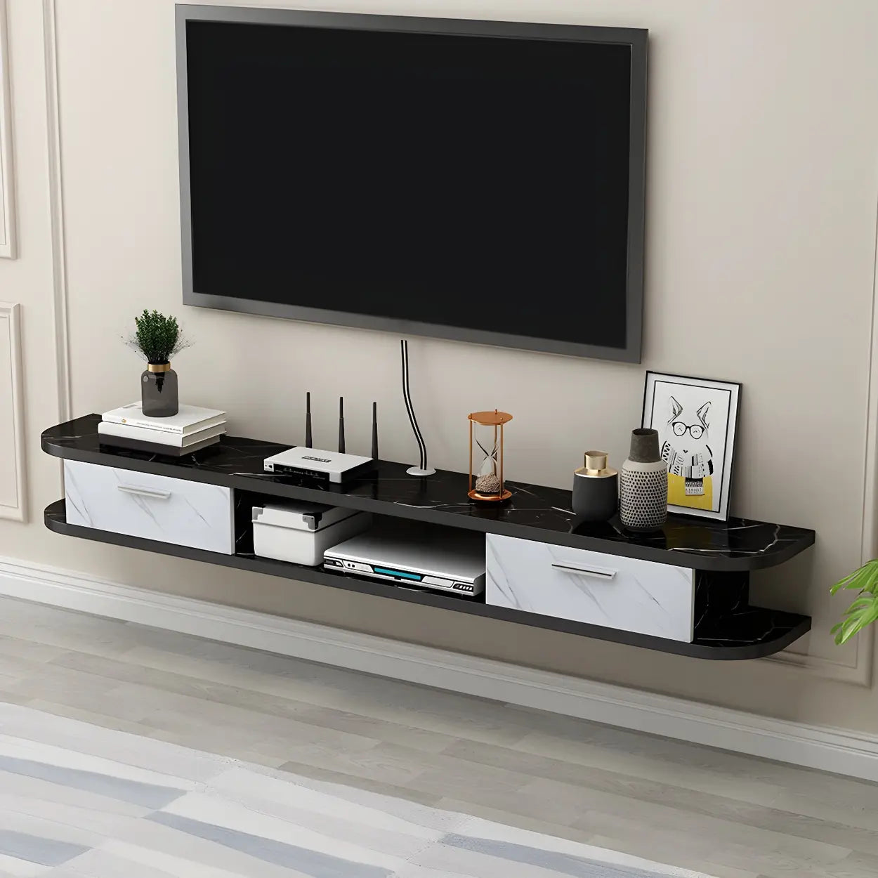 Black Floating Open-Storage Wood TV Stand — Natural/ White