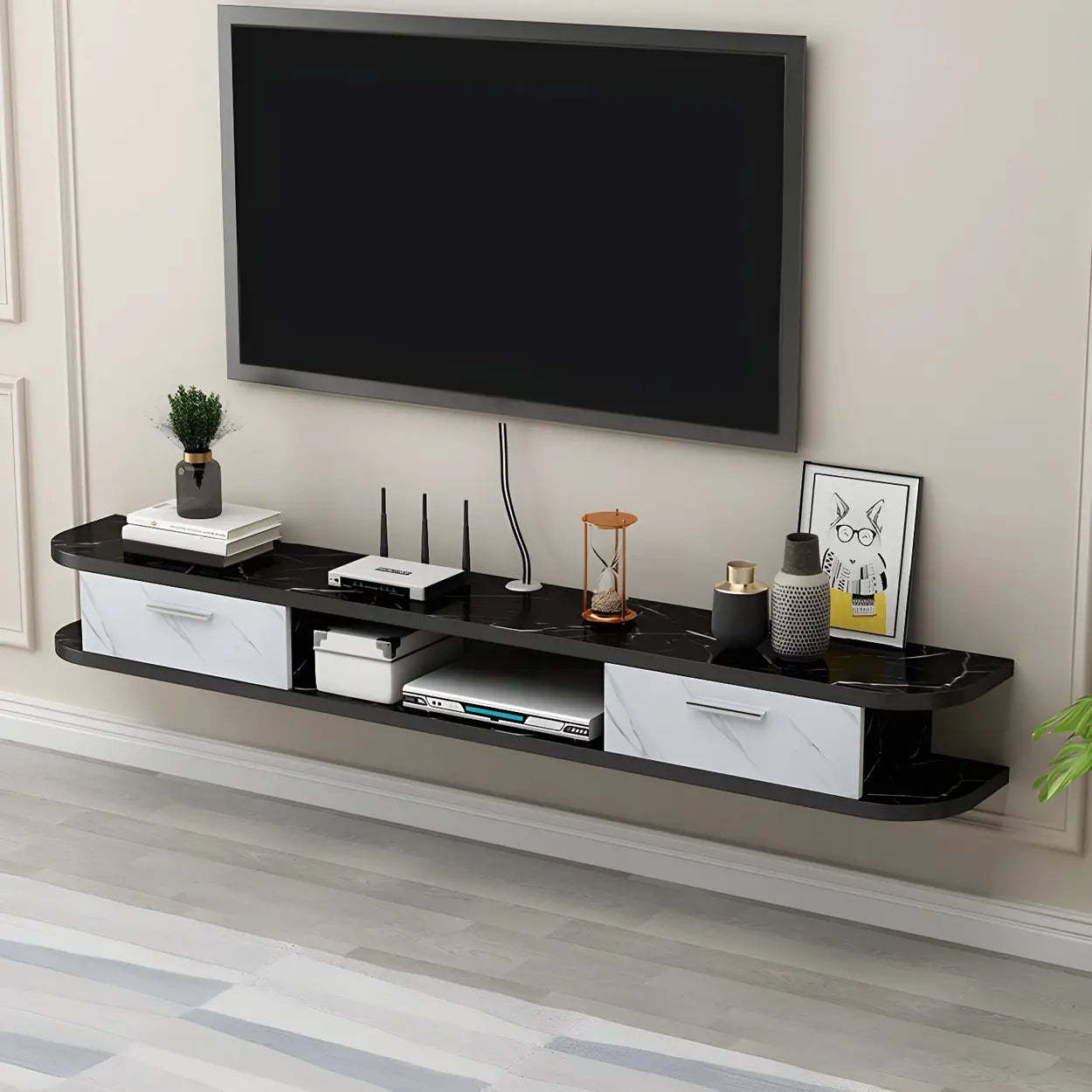 Black Floating Open-Storage Wood TV Stand — Natural/ White