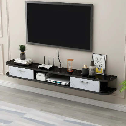 Black Floating Open-Storage Wood TV Stand — Natural/ White