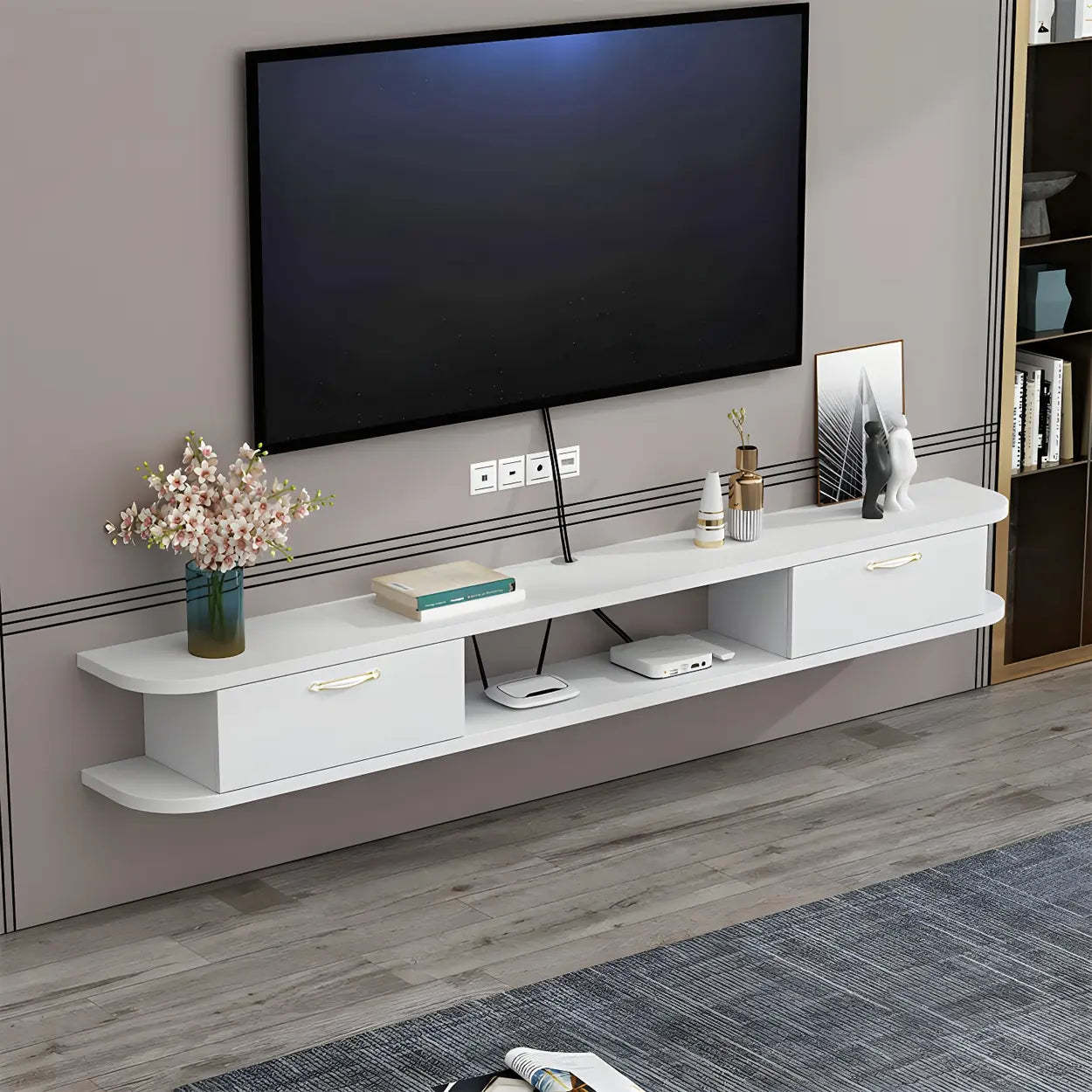 Black Floating Open-Storage Wood TV Stand — Gray-White