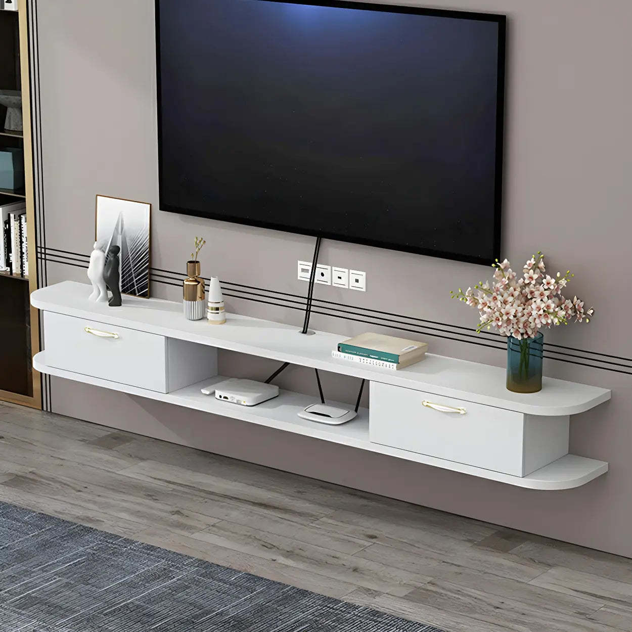 Black Floating Open-Storage Wood TV Stand — Grey