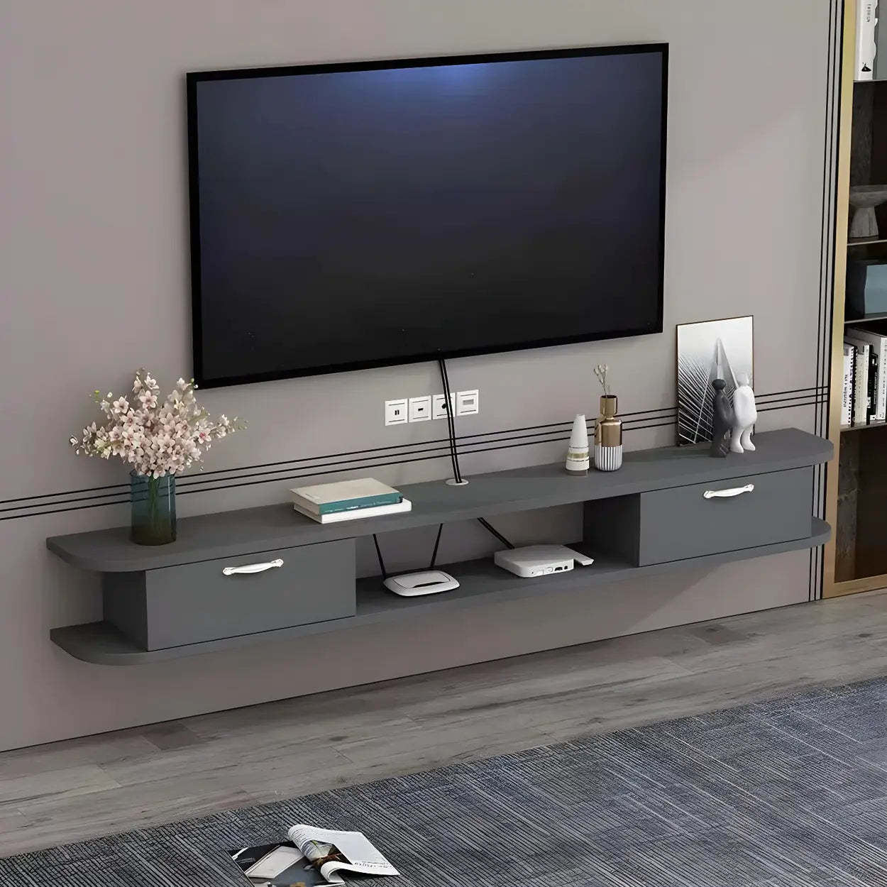 Black Floating Open-Storage Wood TV Stand — Black
