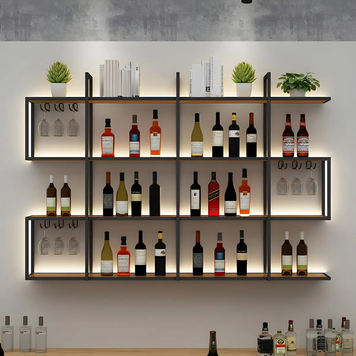 Black Geometric Metal Floating Wall Wine Rack