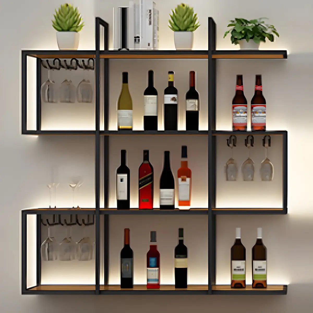 Black Geometric Metal Floating Wall Wine Rack — 2 Piece Set