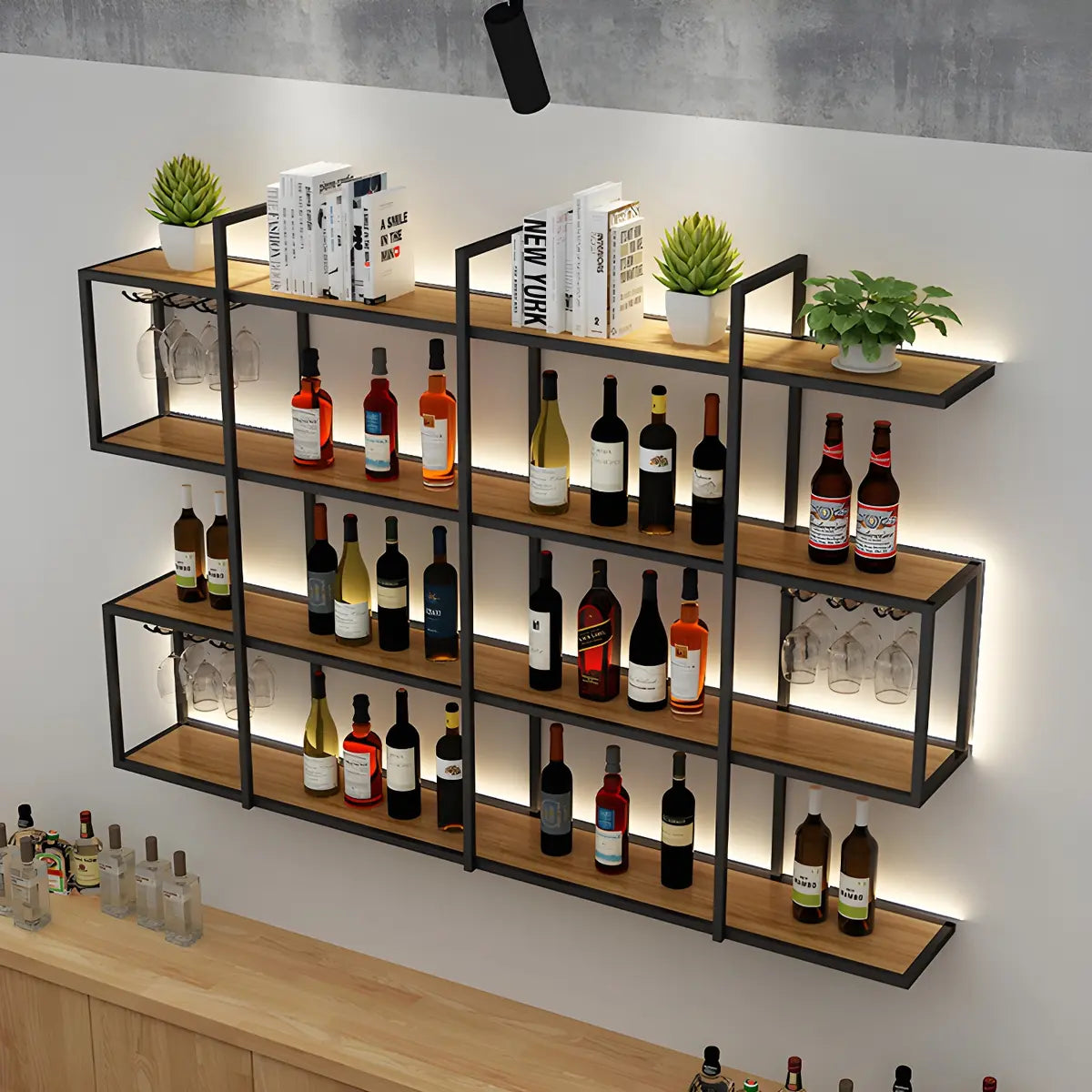 Black Geometric Metal Floating Wall Wine Rack