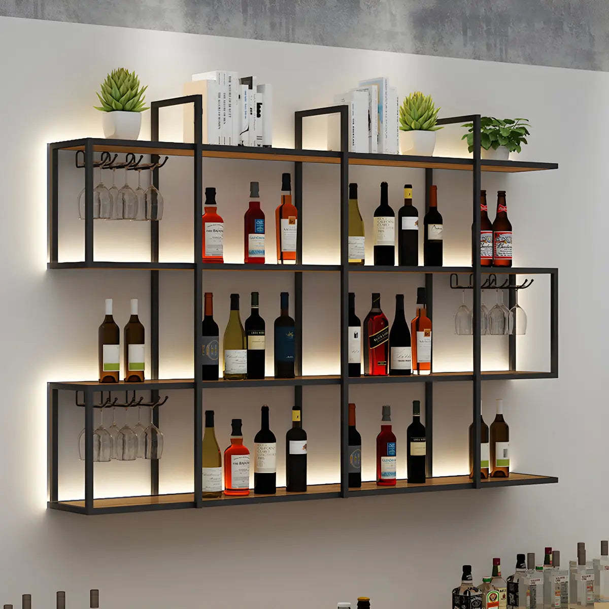 Black Geometric Metal Floating Wall Wine Rack — 4 Piece Set