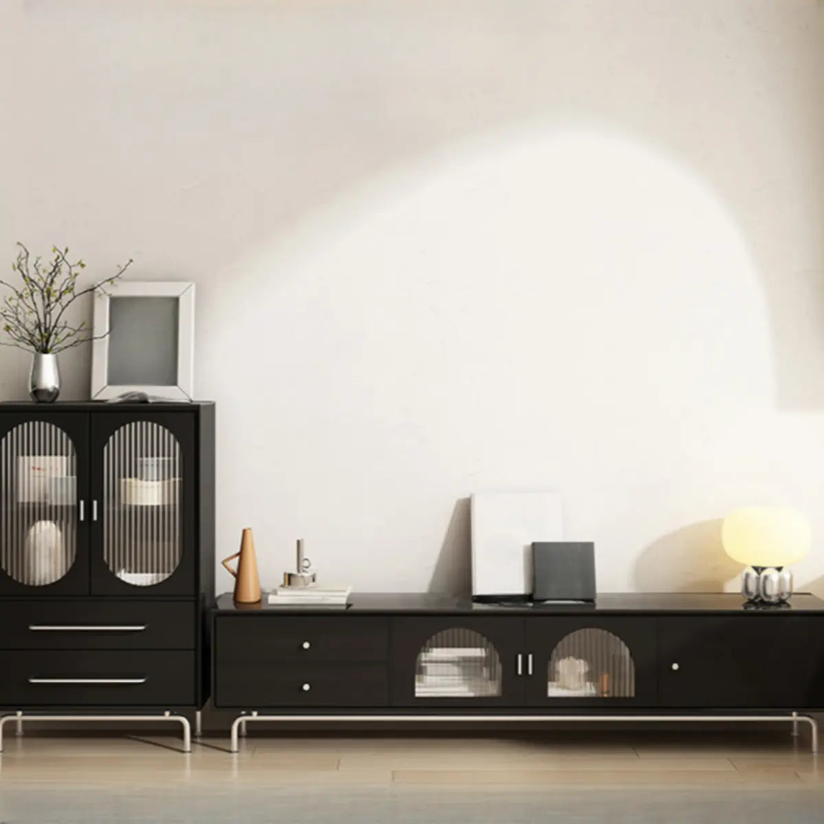 Black Glass Cabinet Drawer Rectangular TV Stand