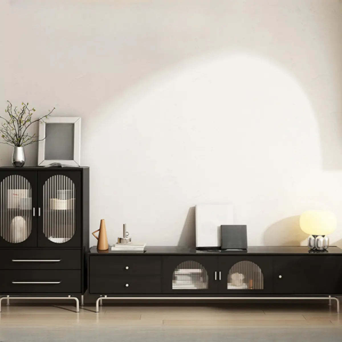 Black Glass Cabinet Drawer Rectangular TV Stand