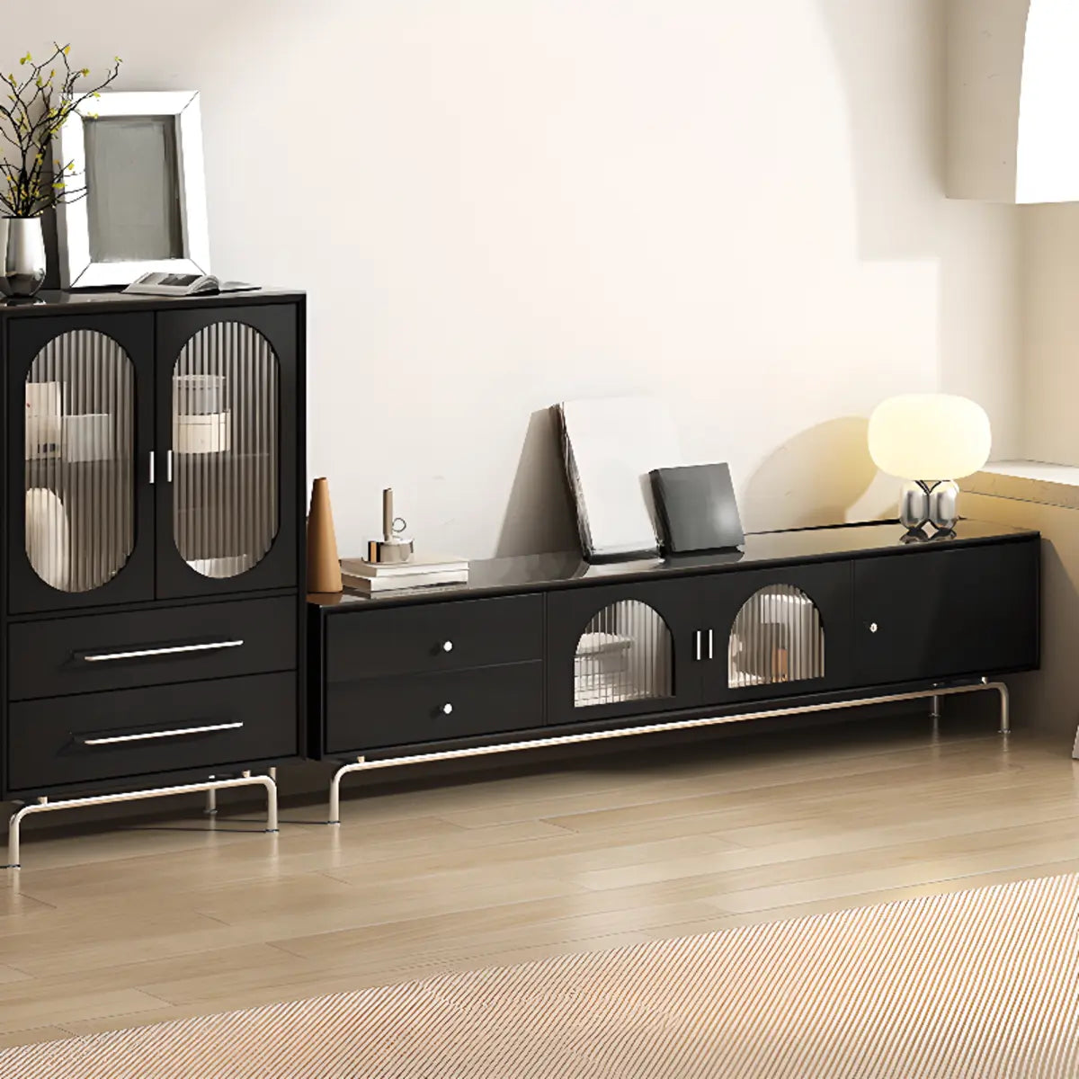 Black Glass Cabinet Drawer Rectangular TV Stand