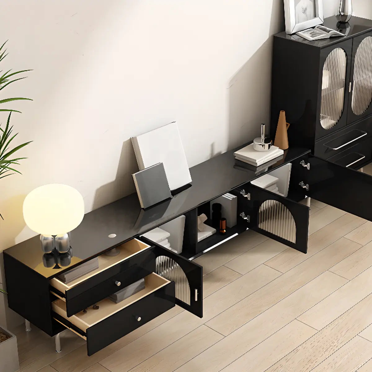 Black Glass Cabinet Drawer Rectangular TV Stand
