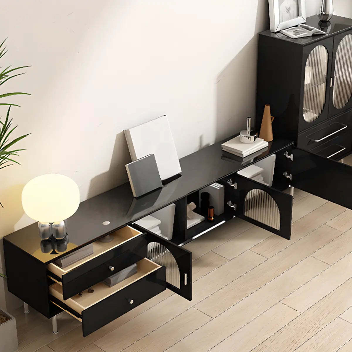 Black Glass Cabinet Drawer Rectangular TV Stand