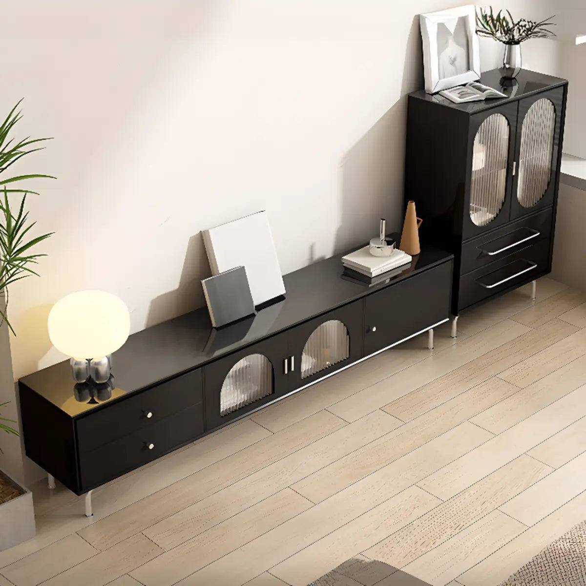 Black Glass Cabinet Drawer Rectangular TV Stand