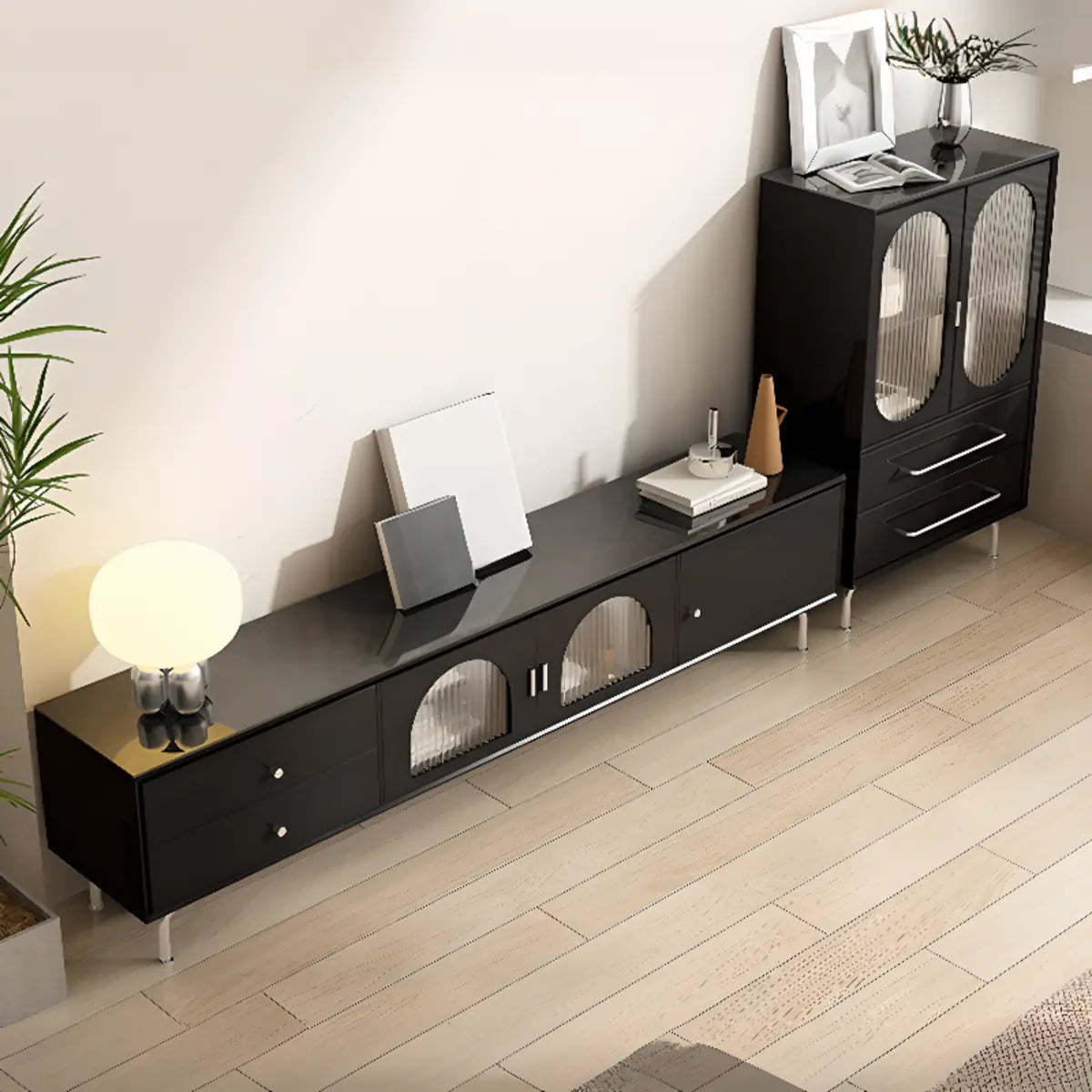 Black Glass Cabinet Drawer Rectangular TV Stand