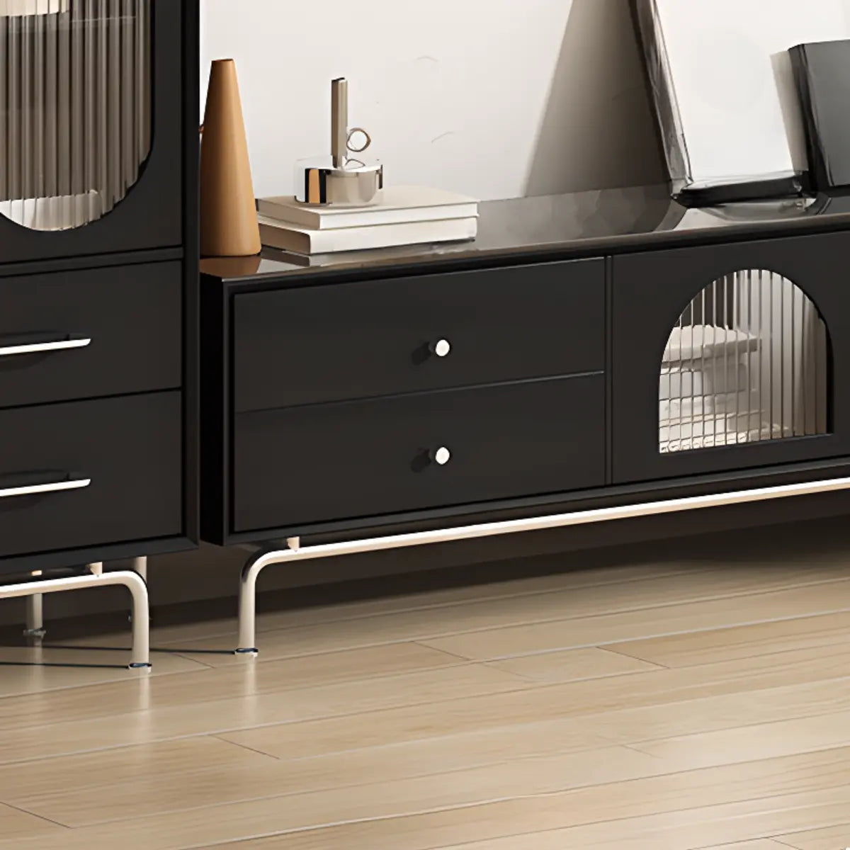 Black Glass Cabinet Drawer Rectangular TV Stand