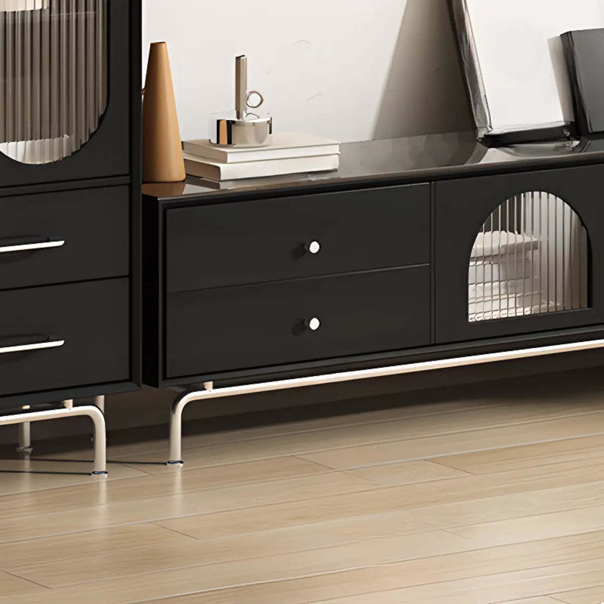 Black Glass Cabinet Drawer Rectangular TV Stand