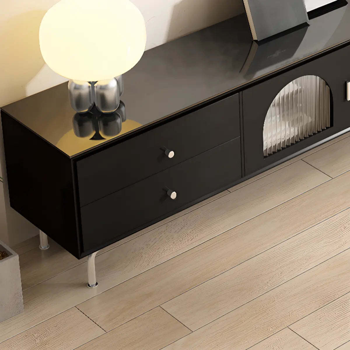 Black Glass Cabinet Drawer Rectangular TV Stand