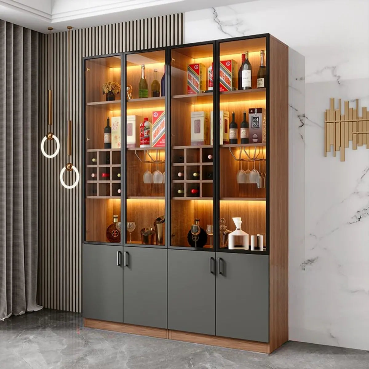Black Glass Dining Wine Display Cabinet — Nut-Brown