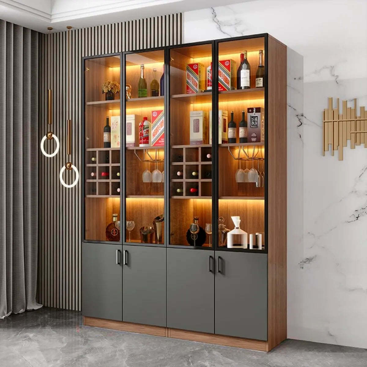 Black Glass Dining Wine Display Cabinet — Nut-Brown
