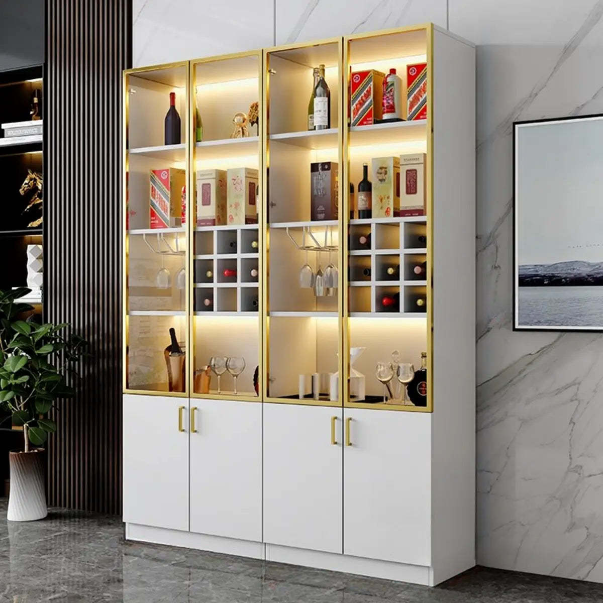 Modern storage display wine cabinets in glass — 63" L x 16" W x 87" H / White