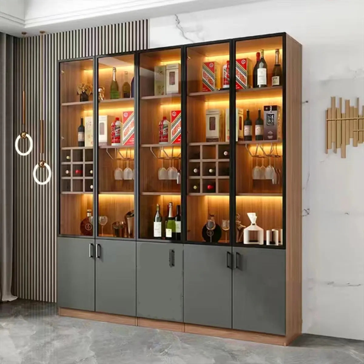 Black Glass Dining Wine Display Cabinet — Nut-Brown