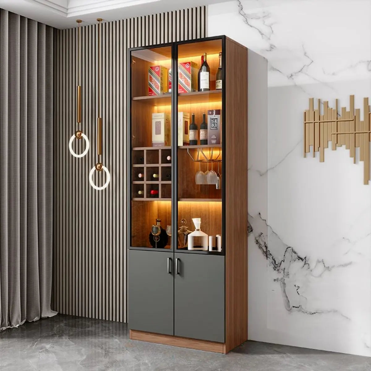 Black Glass Dining Wine Display Cabinet — Nut-Brown