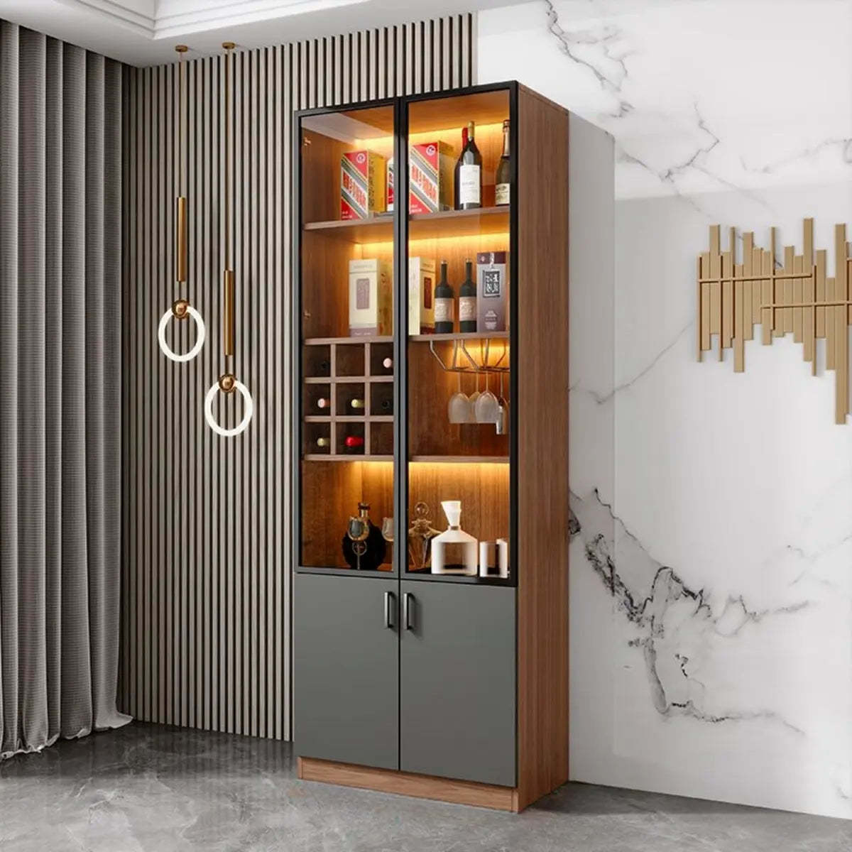 Black Glass Dining Wine Display Cabinet — Nut-Brown