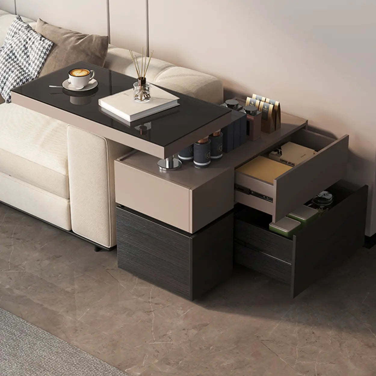 Black Glass Lift-Top Storage Coffee Table with Wheels — Side Drawer / With Lift Top