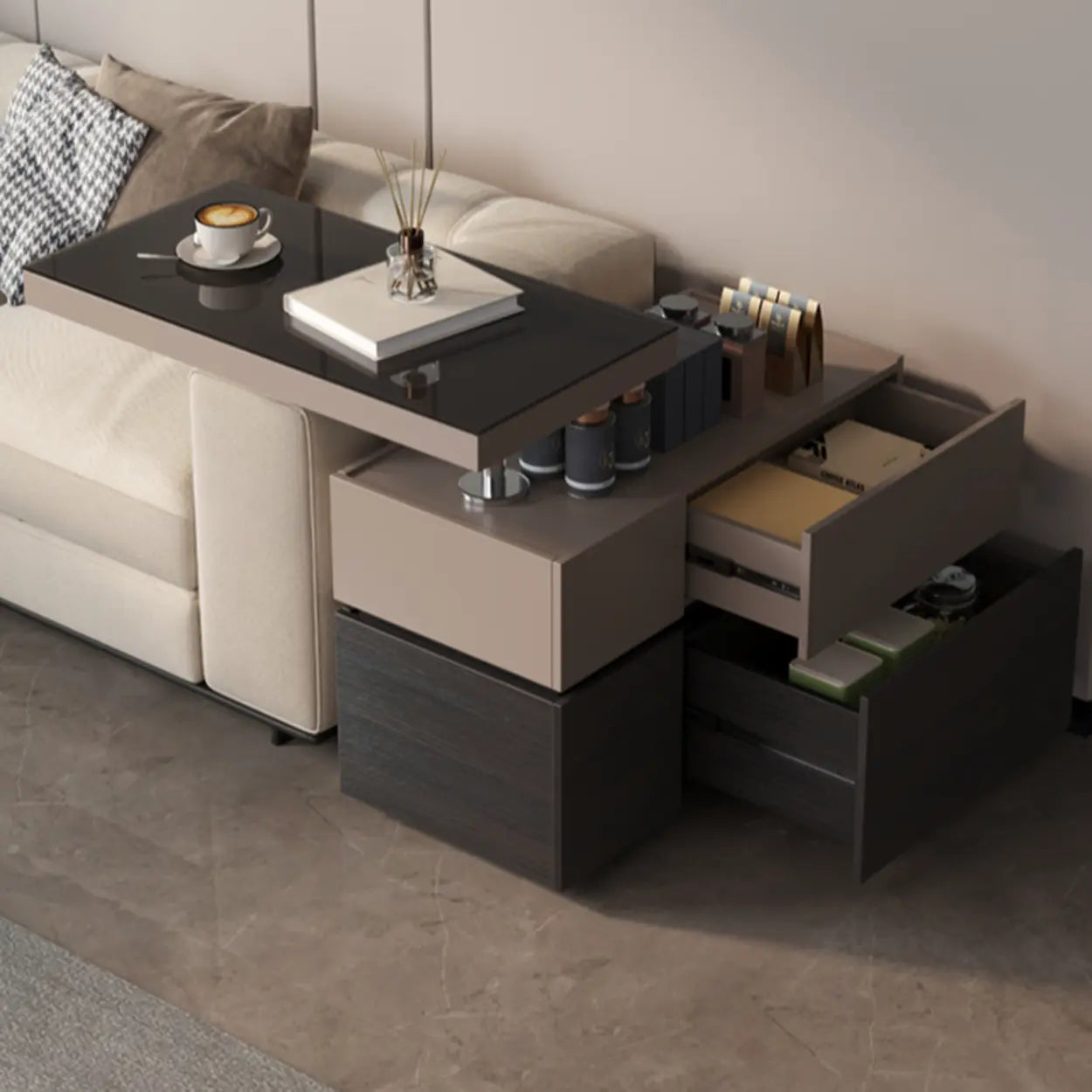 Black Glass Lift-Top Storage Coffee Table with Wheels