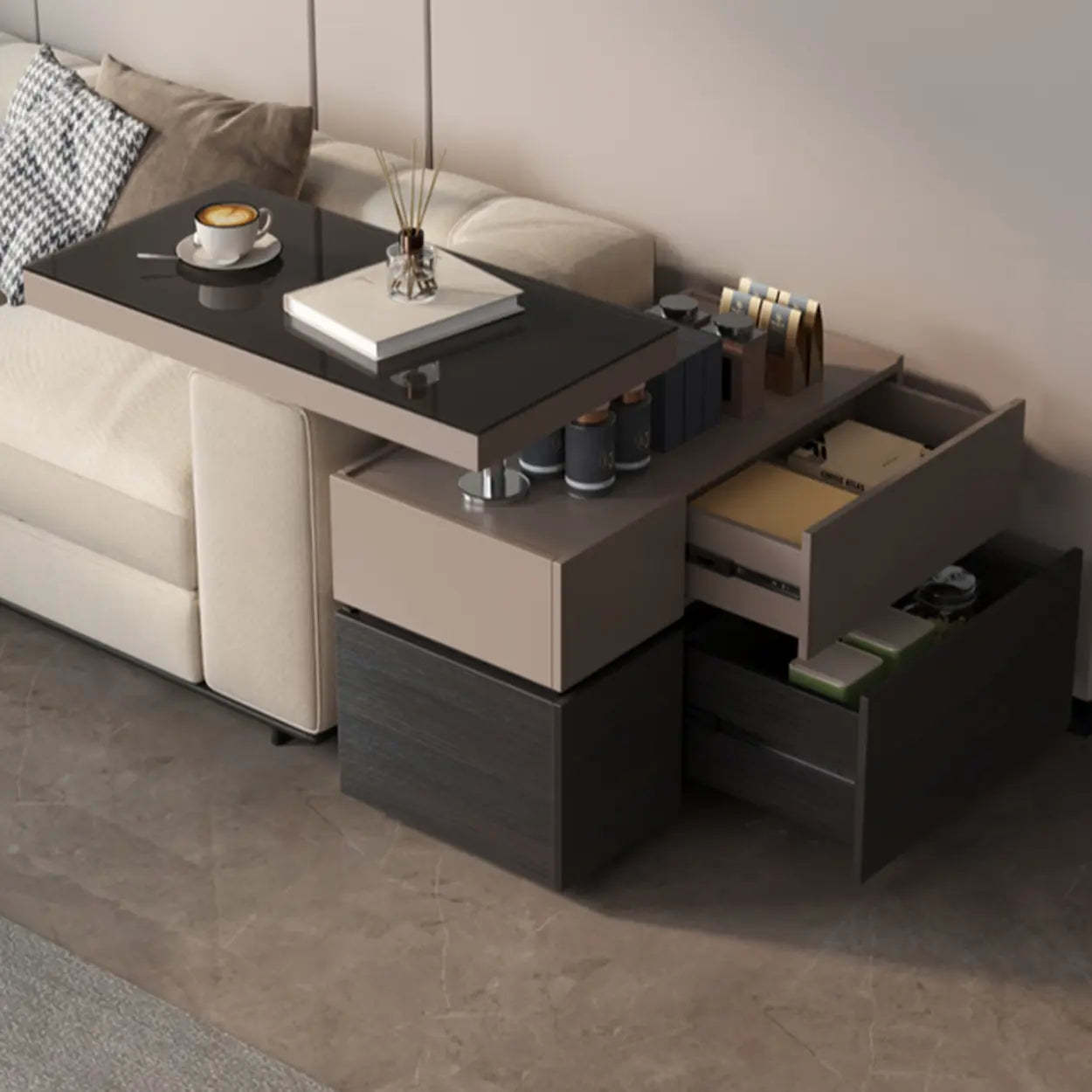 Black Glass Lift-Top Storage Coffee Table with Wheels