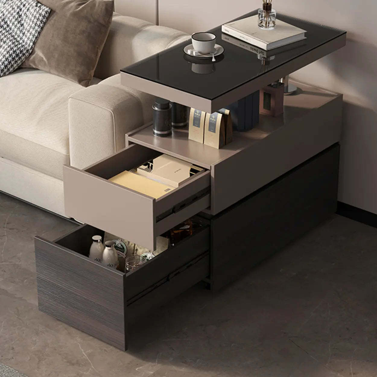 Black Glass Lift-Top Storage Coffee Table with Wheels
