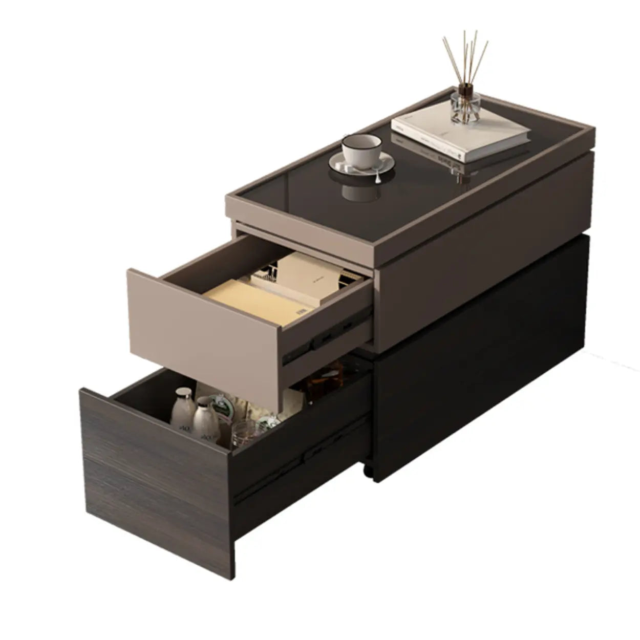 Black Glass Lift-Top Storage Coffee Table with Wheels — Side Drawer / Without Lift Top