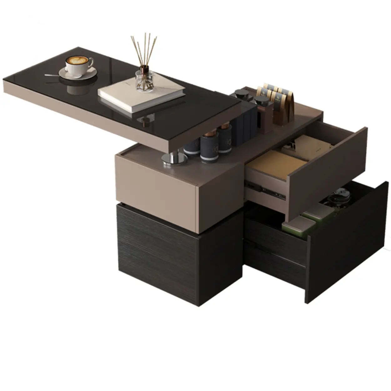 Black Glass Lift-Top Storage Coffee Table with Wheels — Front Drawer / With Lift Top