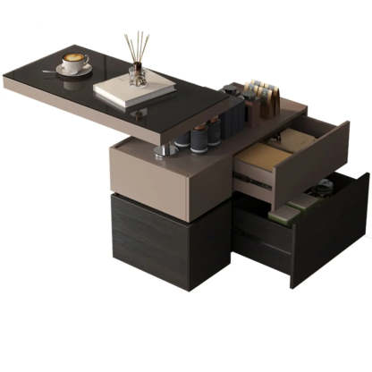 Black Glass Lift-Top Storage Coffee Table with Wheels — Front Drawer / With Lift Top