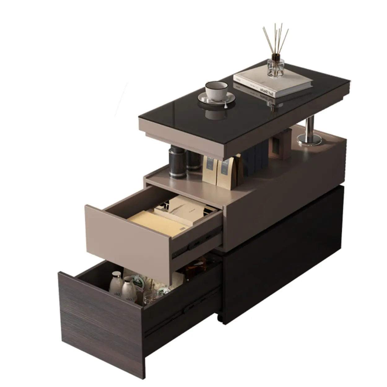 Black Glass Lift-Top Storage Coffee Table with Wheels — Side Drawer / Without Lift Top