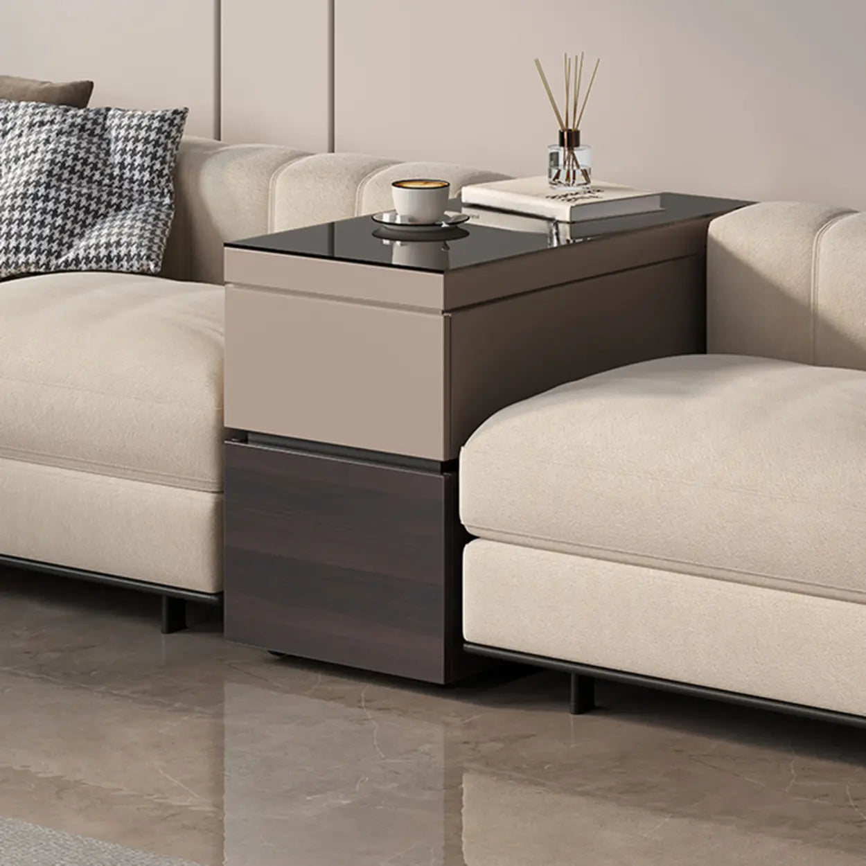 Black Glass Lift-Top Storage Coffee Table with Wheels — Front Drawer / Without Lift Top
