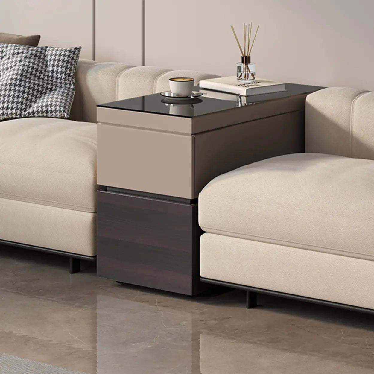 Black Glass Lift-Top Storage Coffee Table with Wheels — Front Drawer / Without Lift Top